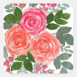 DRIE WATERVERF ROZEN VIERKANTE STICKER