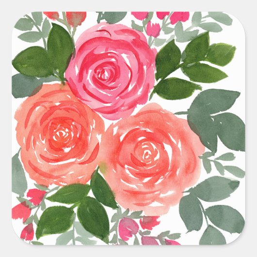 DRIE WATERVERF ROZEN VIERKANTE STICKER (Voorkant)