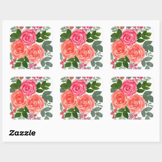 DRIE WATERVERF ROZEN VIERKANTE STICKER (Vel)