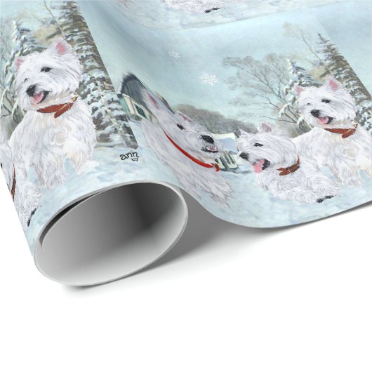 Drie Westies in de winter Cadeaupapier (Rol Hoek)