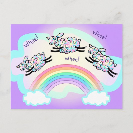 Drie Whee Schapen Springen over een Regenboog Grap Briefkaart (Voorkant)