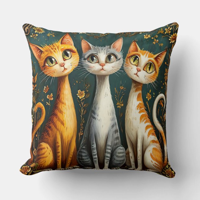Drie Whimsical Kat Illustraties Kussen (Voorkant)