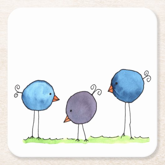 Drie Whimsical Waterverf Vogels Kartonnen Onderzetters (Voorkant)