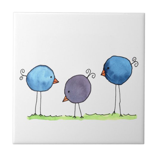 Drie Whimsical Waterverf Vogels Tegeltje (Voorkant)