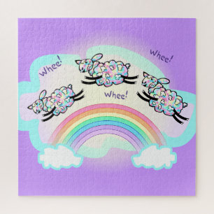 Drie wiel schapen springen over een regenboog Cute Legpuzzel