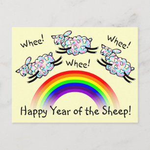 Drie Wiel Schapen Springen Over een Regenboog Gelu Briefkaart