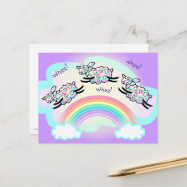 Drie wiel schapen springen over een regenboog leuk briefkaart