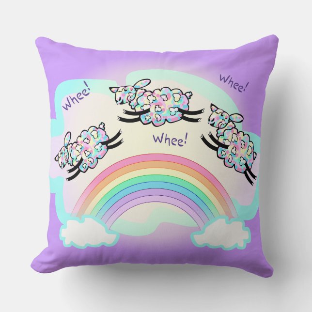Drie Wiel Schapen Springen Over Een Regenboog Mooi Kussen (Voorkant)