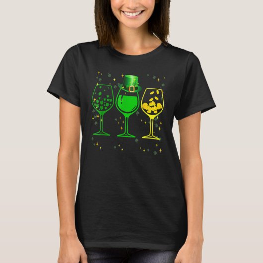 Drie wijnglazen C Shamrock St Patrick Day Irish T-shirt (Voorkant)