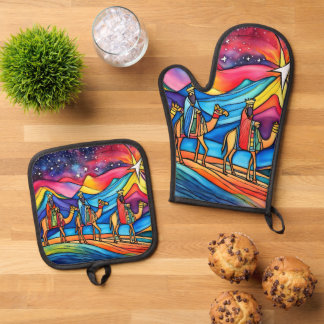 Drie Wijzen Kleurrijke Kerstvakantie Ovenwant & Pannenlap Set