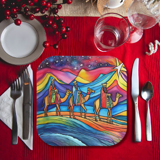 Drie Wijzen Kleurrijke Kerstvakantie Papieren Bordje