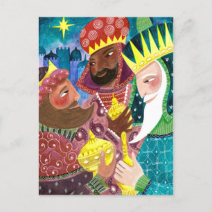 Drie Wijzen met ster en geschenken in fantasievoll Feestdagenkaart