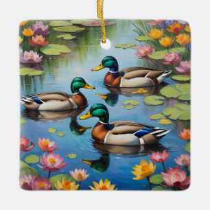 Drie wilde eenden keramisch ornament