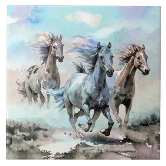 Drie Wilde Mustangs Rennen Over De Vlaktes Tegeltje (Voorkant)