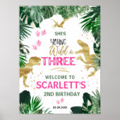Drie Wilde Roze T-Rex 3rd Birthday Party Welkom Poster (Voorkant)