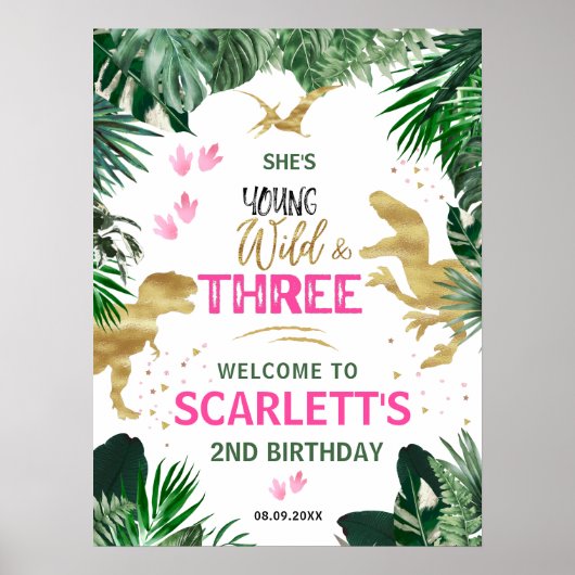Drie Wilde Roze T-Rex 3rd Birthday Party Welkom Poster (Voorkant)