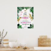 Drie Wilde Roze T-Rex 3rd Birthday Party Welkom Poster (Keuken)