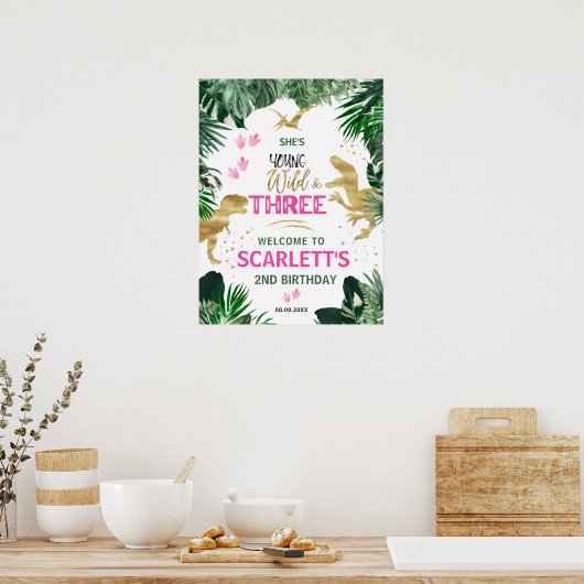 Drie Wilde Roze T-Rex 3rd Birthday Party Welkom Poster (Keuken)