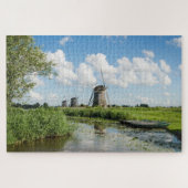 Drie windmolens en een kanaal met boten in Nederla Legpuzzel (Horizontaal)