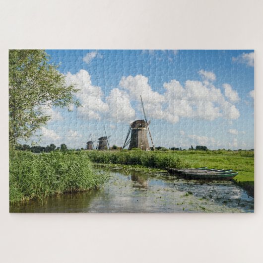 Drie windmolens en een kanaal met boten in Nederla Legpuzzel (Horizontaal)