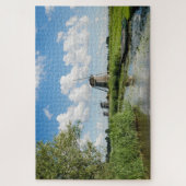 Drie windmolens en een kanaal met boten legpuzzel (Verticaal)
