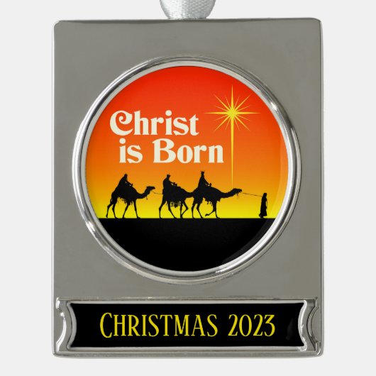 Drie Wise Mannen Star van Bethlehem Kerstmis Verzilverd Banner Ornament (Voorkant)