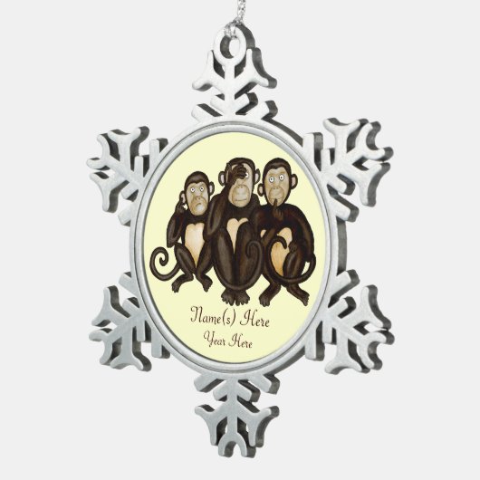 Drie Wise Monkeys Tin Sneeuwvlok Ornament (Rechts)