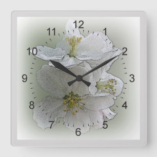 drie witte bloemen vierkante klok
