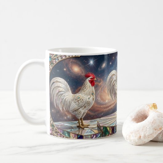 Drie witte hanen. koffiemok (Met donut)