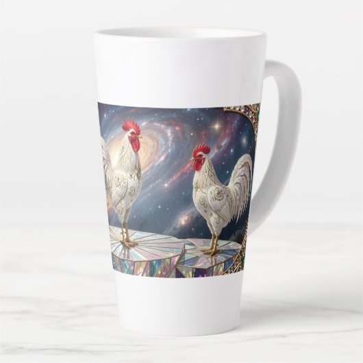 Drie witte hanen. latte mok (Rechterhoek)