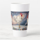 Drie witte hanen. latte mok (Voorkant)