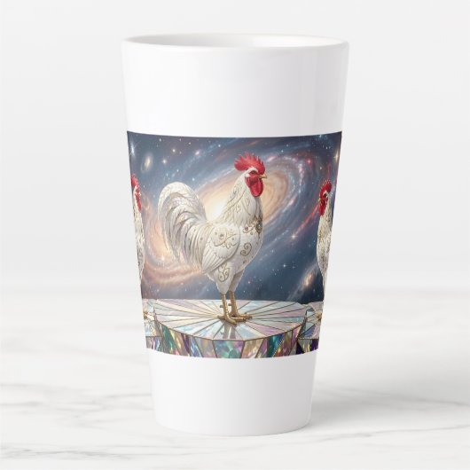 Drie witte hanen. latte mok (Voorkant)