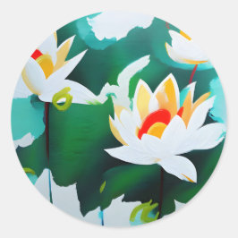 Drie witte Lotus-bloemen met groene bladeren Ronde Sticker