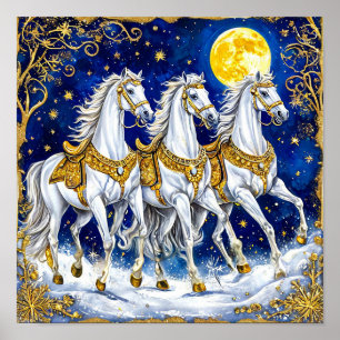 Drie Witte Paarden Onder Sterrennachtelijke Hemel Poster
