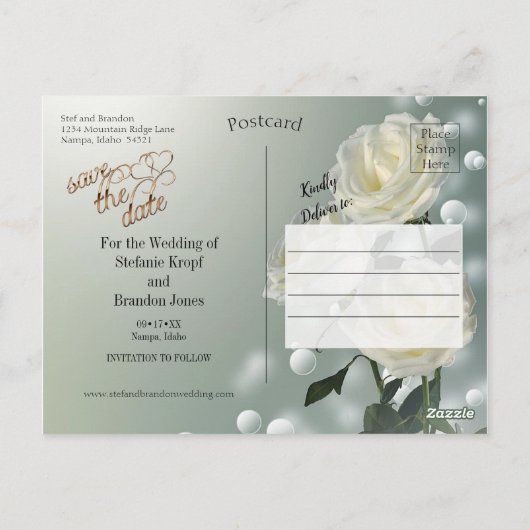 Drie witte rozen/gouden trim briefkaart (Achterkant)