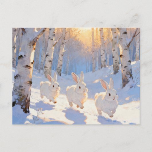 Drie witte winterkonijnen briefkaart (Voorkant)