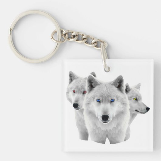 Drie witte wolven sleutelhanger (voorkant)