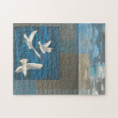 Drie witte zeegarren die over het water vliegen legpuzzel (Horizontaal)