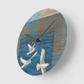 Drie witte zeegarren die over het water vliegen ronde klok (Hoek)