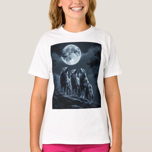 Drie wolven die huilen naar de volle maan - Drie W T-shirt (Voorkant)