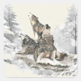 Drie wolven huilende sneeuwstorm winter wilde dier vierkante sticker