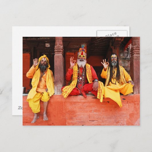 Drie Zaddhus Zitting op het Vishnu Temple Nepal Briefkaart (Voorkant / Achterkant)