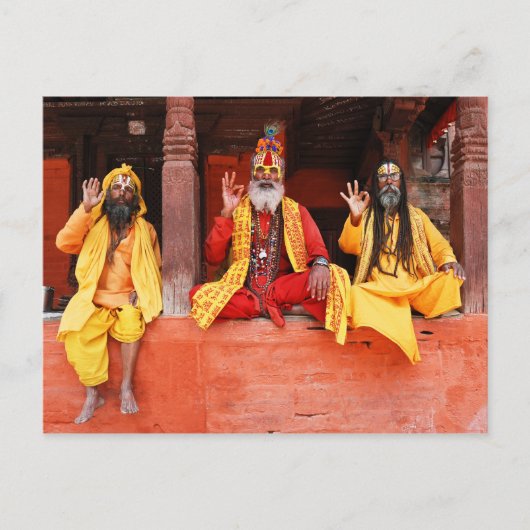 Drie Zaddhus Zitting op het Vishnu Temple Nepal Briefkaart (Voorkant)