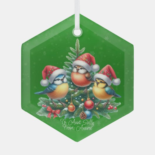 Drie zangvogels in rode Petten Glas Ornament (Voorkant)