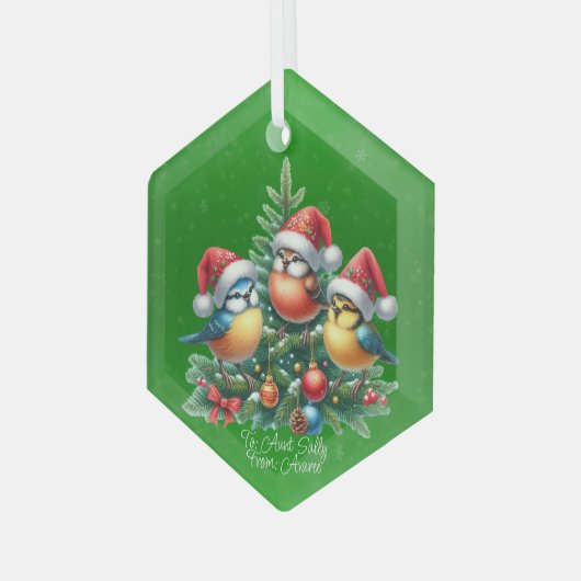 Drie zangvogels in rode Petten Glas Ornament (Voorkant links)