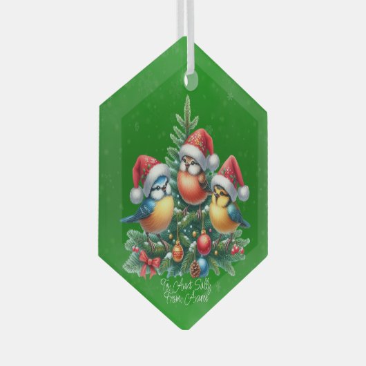 Drie zangvogels in rode Petten Glas Ornament (Voorkant Rechts)