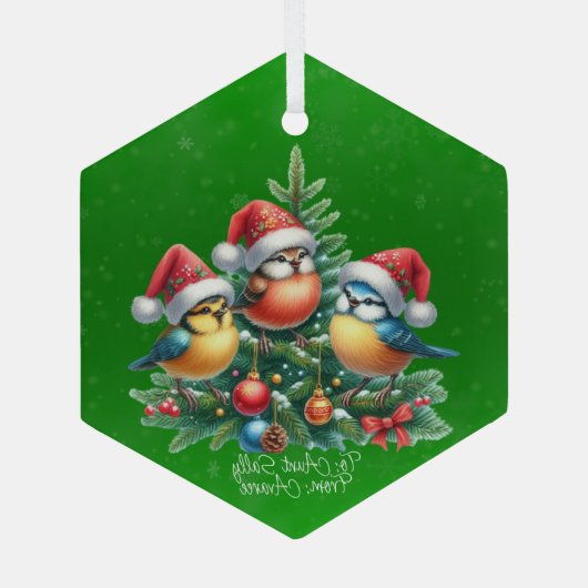 Drie zangvogels in rode Petten Glas Ornament (Achterkant)