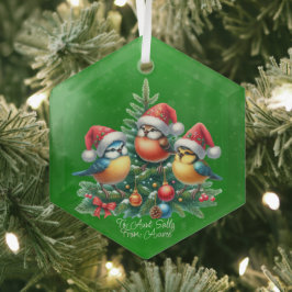Drie zangvogels in rode Petten Glas Ornament