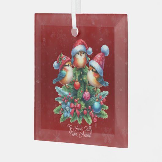 Drie zangvogels in rode Petten Glas Ornament (Voorkant links)