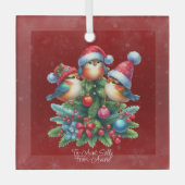 Drie zangvogels in rode Petten Glas Ornament (Voorkant)